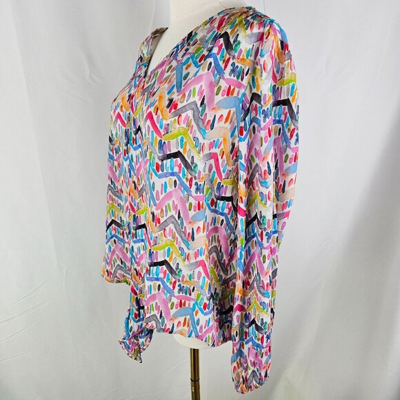 APNY Blouse Silk Blend Multicolor Artsy Print Long Sleeve Medium - Picture 2 of 10